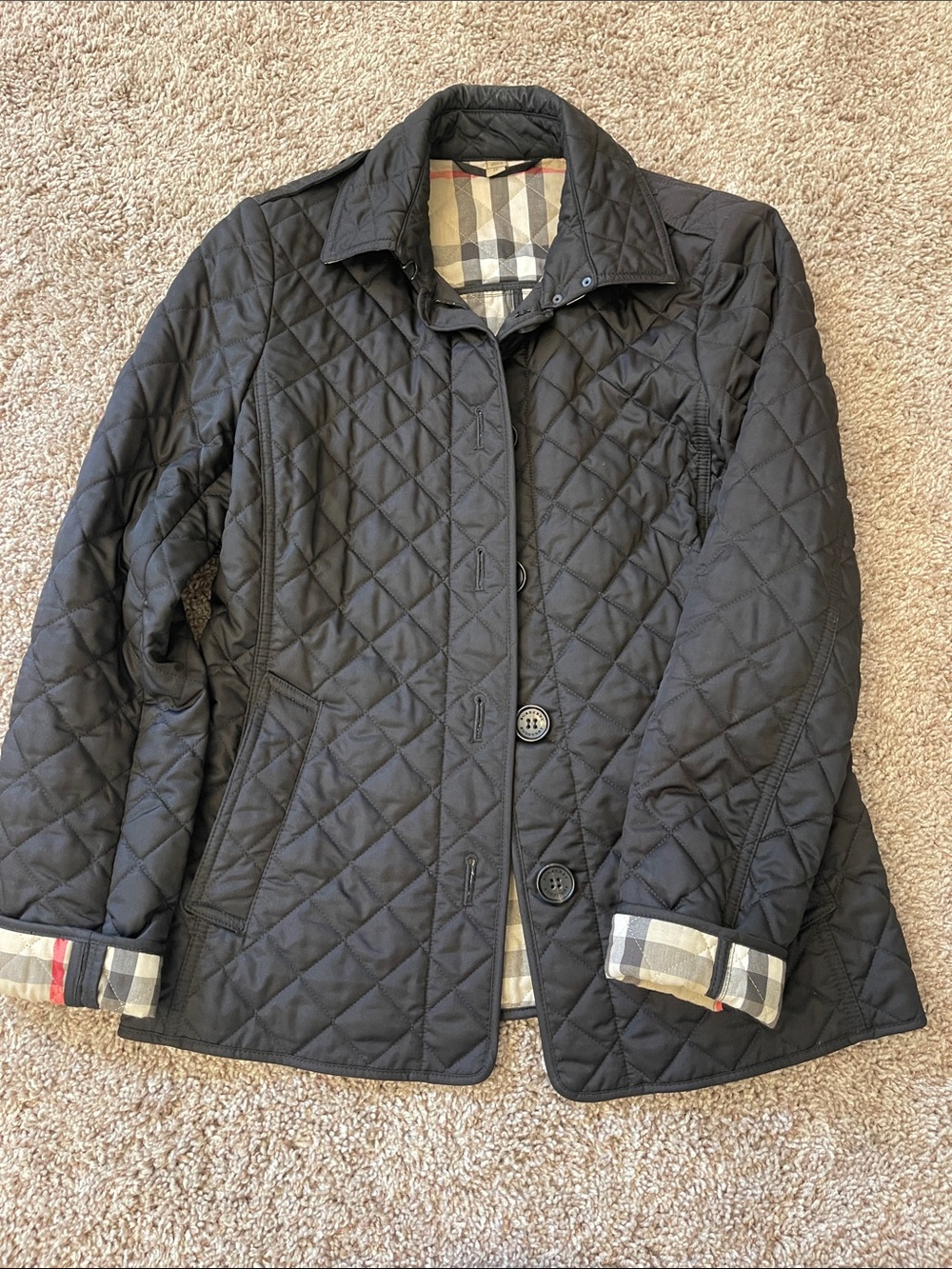 Burberry Black Quilted Women's Jacket with Plaid Trim XS